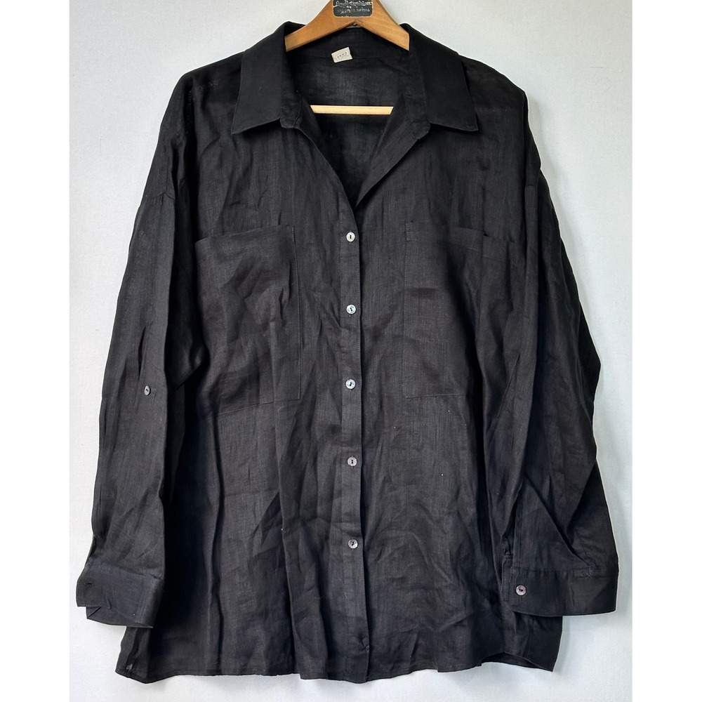 100% Linen Button Up Shirt Oversized Capsule Basic Women XL Black Excellent